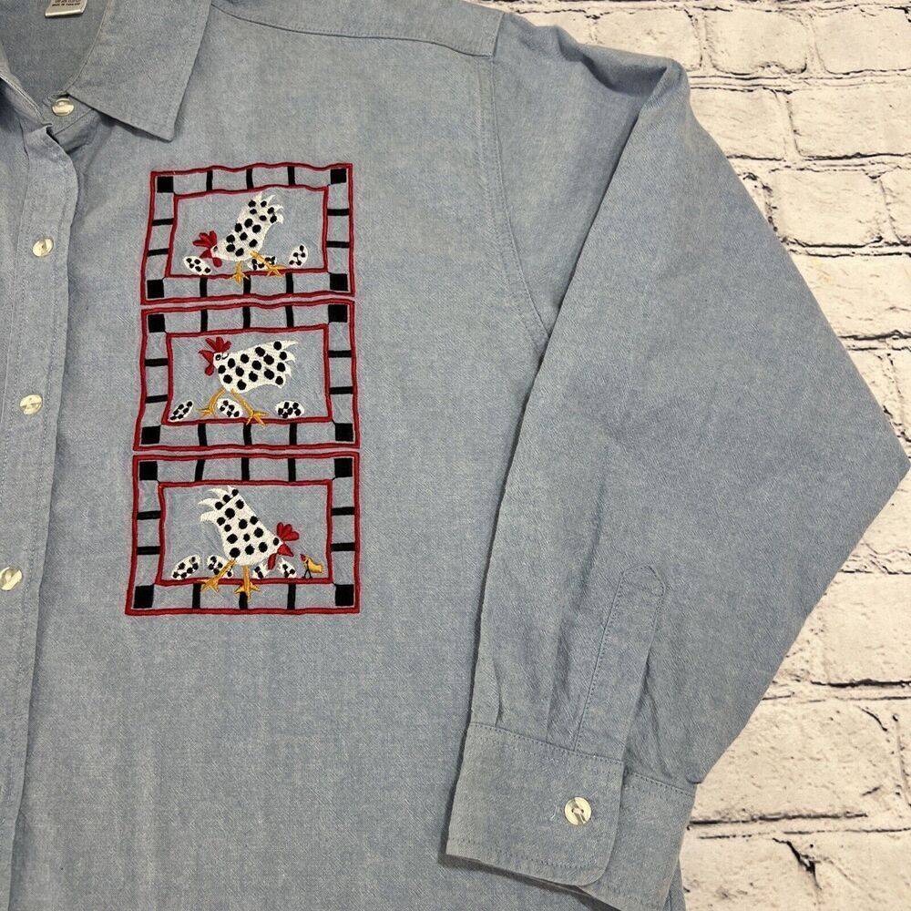 Vtg Chicken Farmhouse Embroidered Chick Eggs Denim Button FrontShirt Women's XL? - Picture 3 of 10